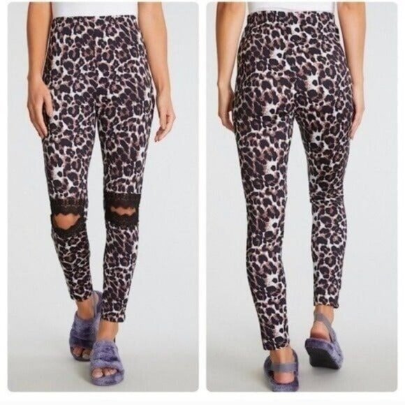 Leopard Print High-Waisted Leggings With Black Lace Cut-Out Knees-NEW - Picture 1 of 4